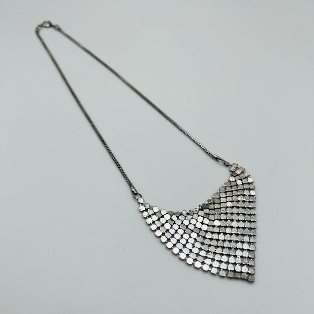 Silver Tone Mesh Bib Necklace Triangle 16 Inch Statement Glam Evening Sparkle